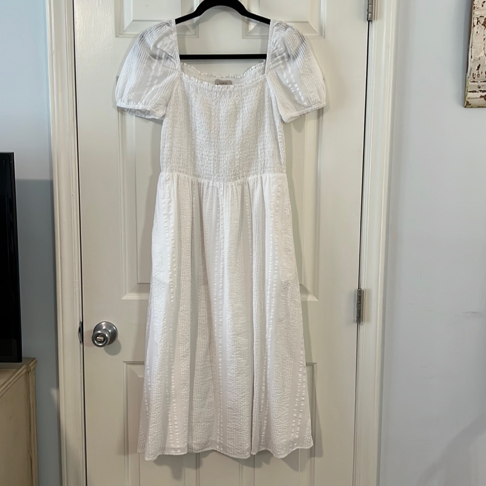 Texture Striped Puff Sleeve White Midi - Loft - S